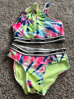 Justice Girls Neon Tie-Dye Two-Piece Swim Set - Neon Pink, Neon Yellow, Blue